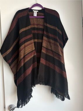 American Eagle Black & Brown Striped Fringe Open Poncho